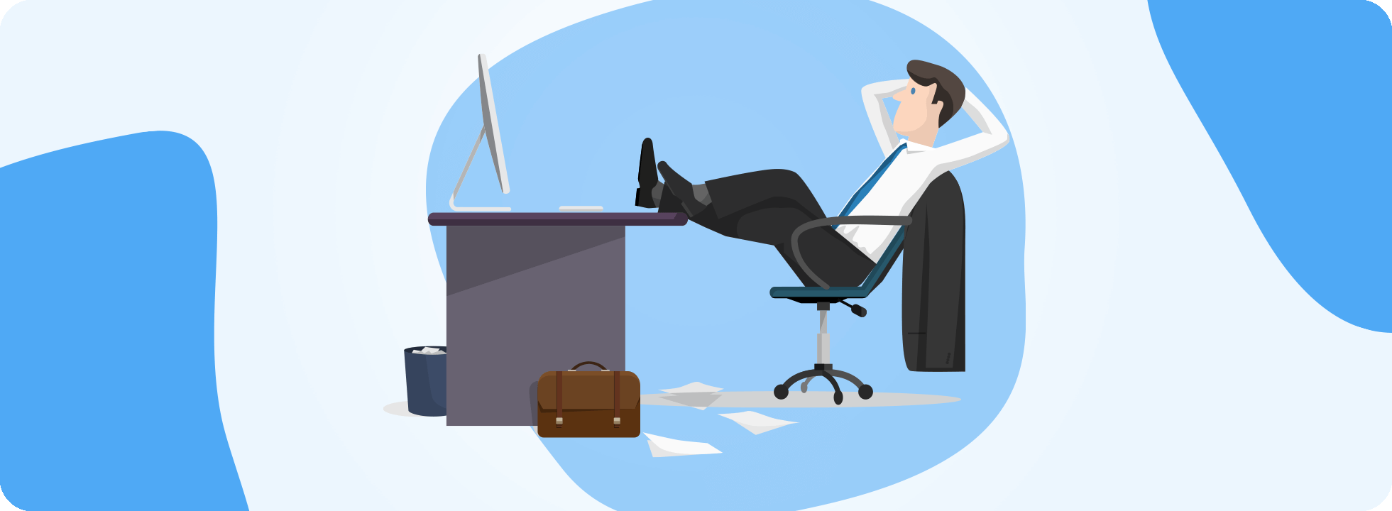 A cartoon image of a man sitting at a desk, relaxing, his feet up on the desk.