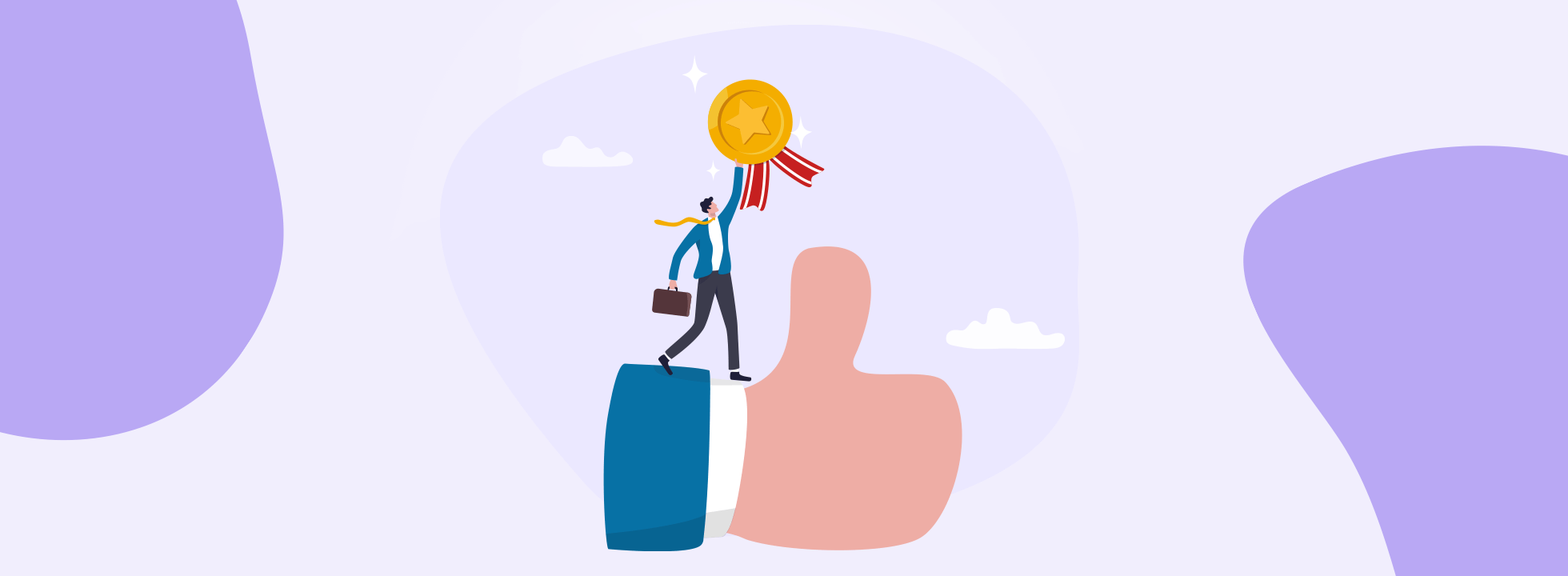 Animated businessman holding a gold medal above his head while standing on an animated 'thumbs up' gesture.