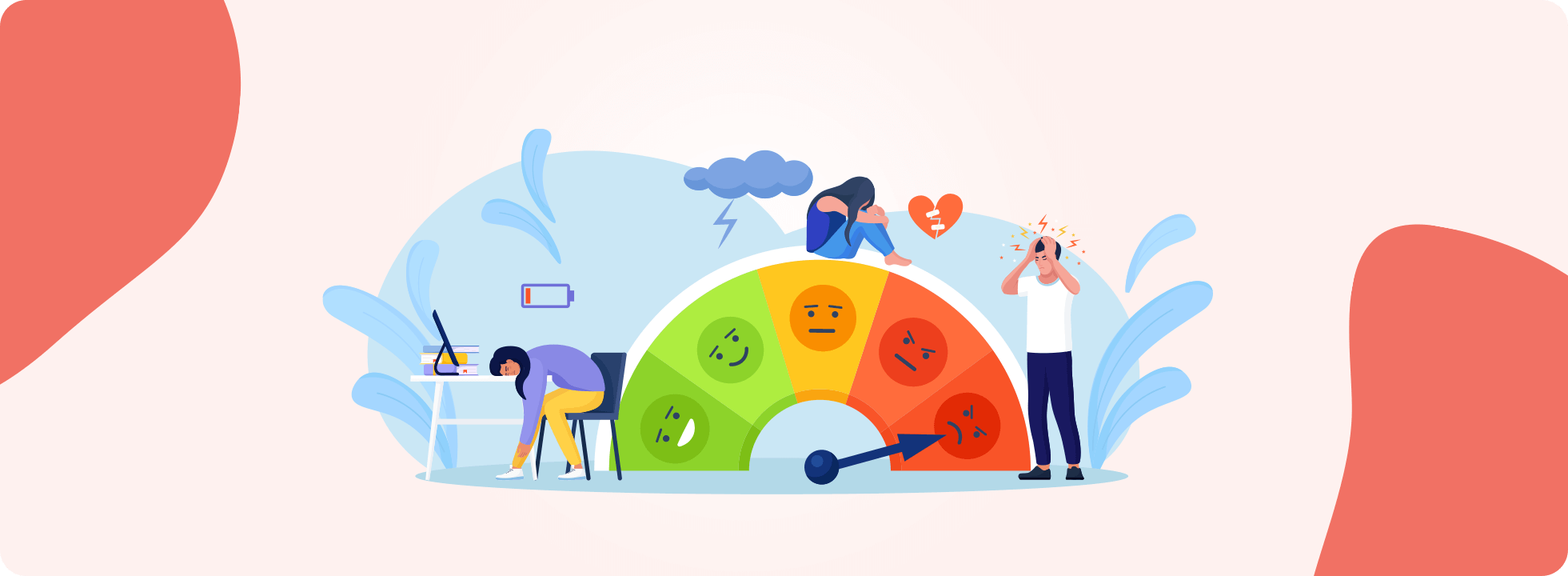 A cartoon illustration of unhappy office workers around a 'happiness meter' indicating unhappiness.